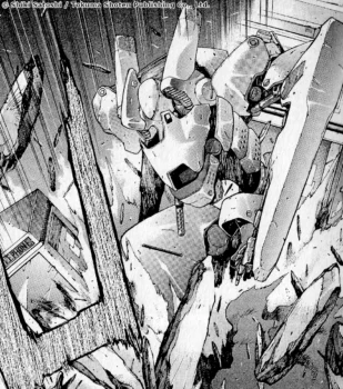 Le robot qui atterrit devant Kazuno, Koichiro et Shephard