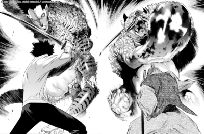 Harumi et Shigenobu Jinsuke Hayashizaki face aux deux créatures issues des laboratoires de l'Aoikikan