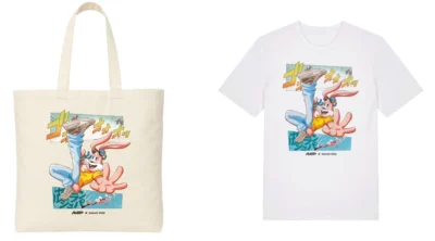 Le cabas et le t-shirt avec le motif de Serge le Lapin dessiné par Satoshi Shiki